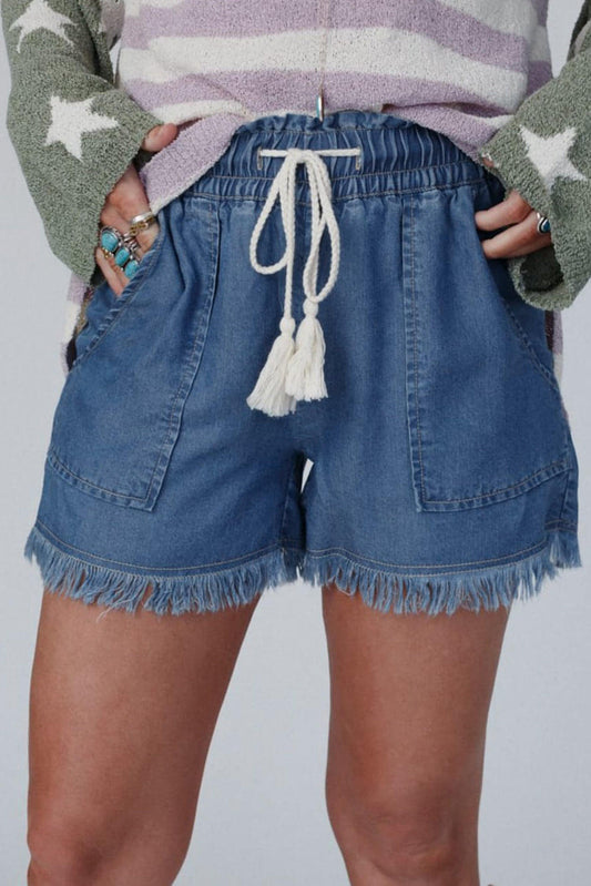 Short en jean taille haute Ashleigh bleu à ourlet brut avec cordon de serrage et poches