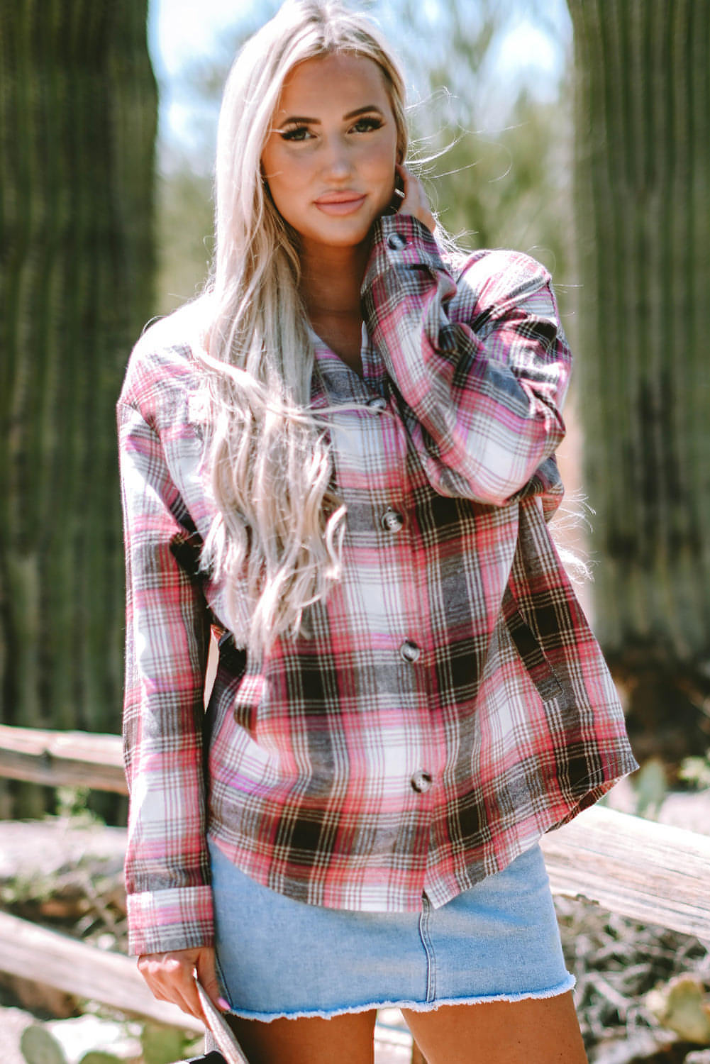 Pink Plaid Flap Pocket -knapp Up Shacket