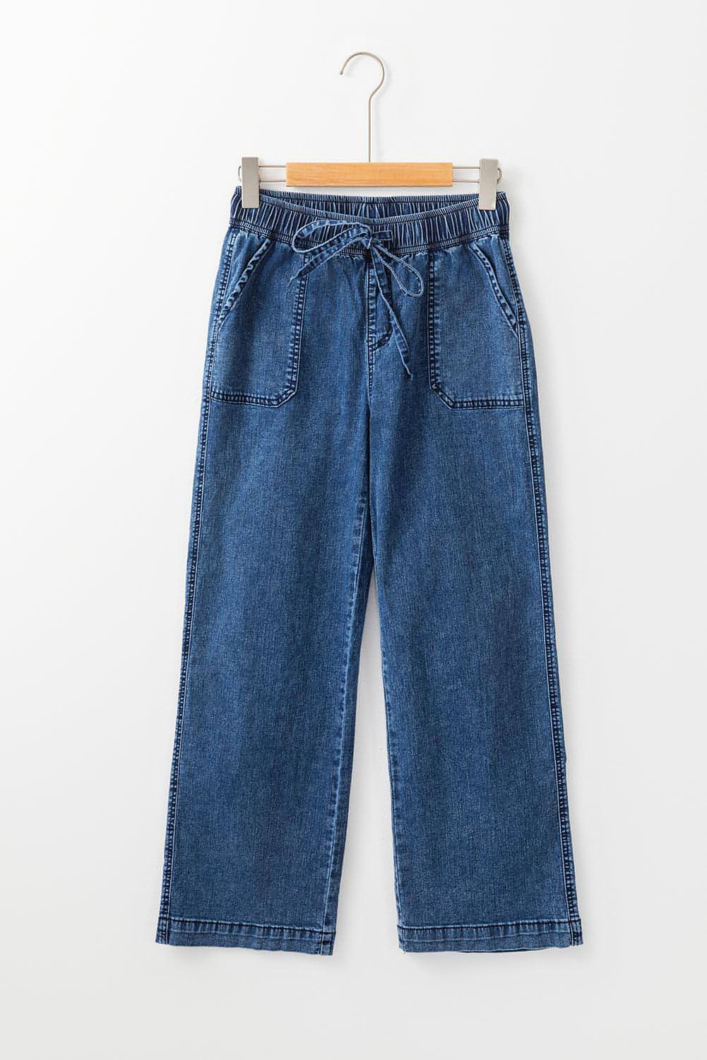 Pantalon en denim droit ample avec cordon de serrage et lavage minéral bleu voile