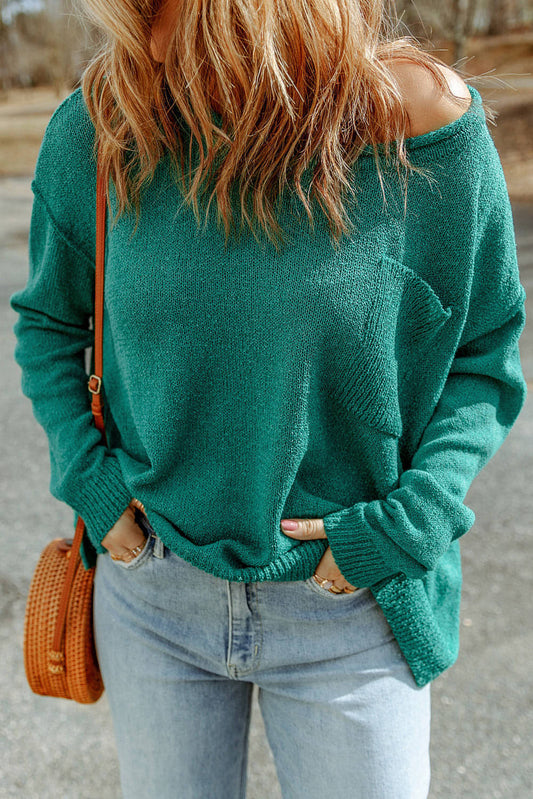 Groene effen kleur off-shoulder ribgebreide trui met zak