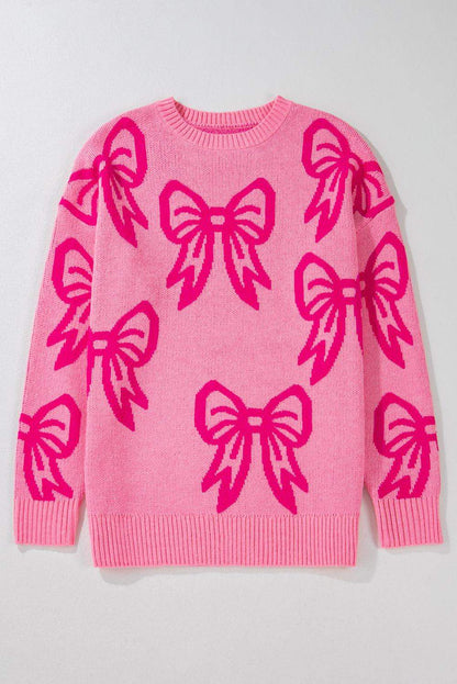 Pink Bow Pattern Drop Shoulder Loose Sweater