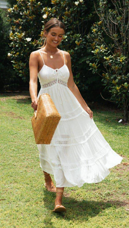 Boho Sling Dress Lace Panel Swing Skirt