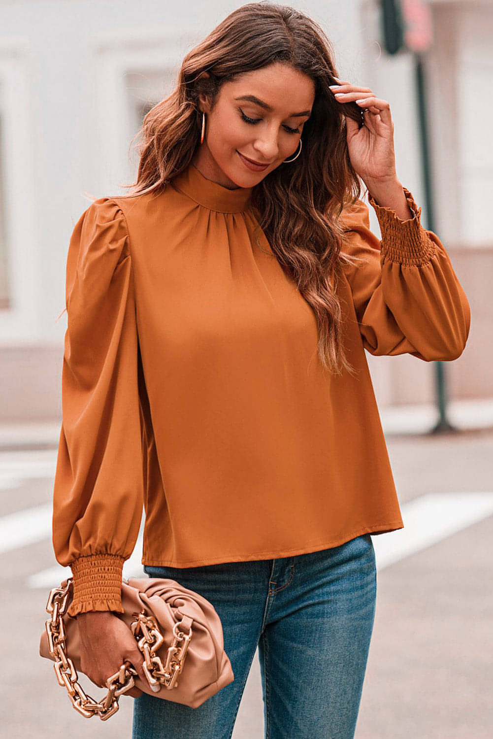 Laranja longa manga bolha mock rush chiffon blusa