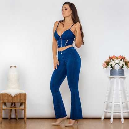 Shascullfites Shaper Set Dark Blue Bodysuit Zipper Push Up Top Middle Waist Flare Jeans Women Two Piece Clothes For Women