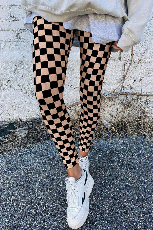 Khaki Checkered Pattern High Waist Skinny gamaše