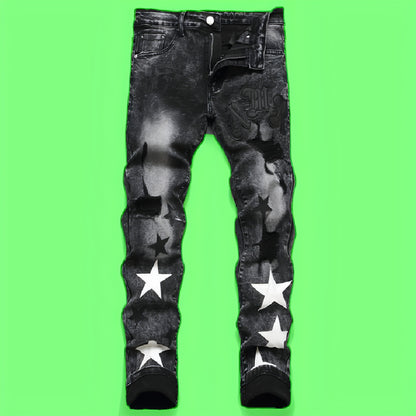 Jeans Punk Men Hole Borderyy Star de cinco pontas