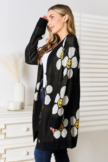 Perfee – Langer Cardigan mit Knopfleiste und Blumenmuster