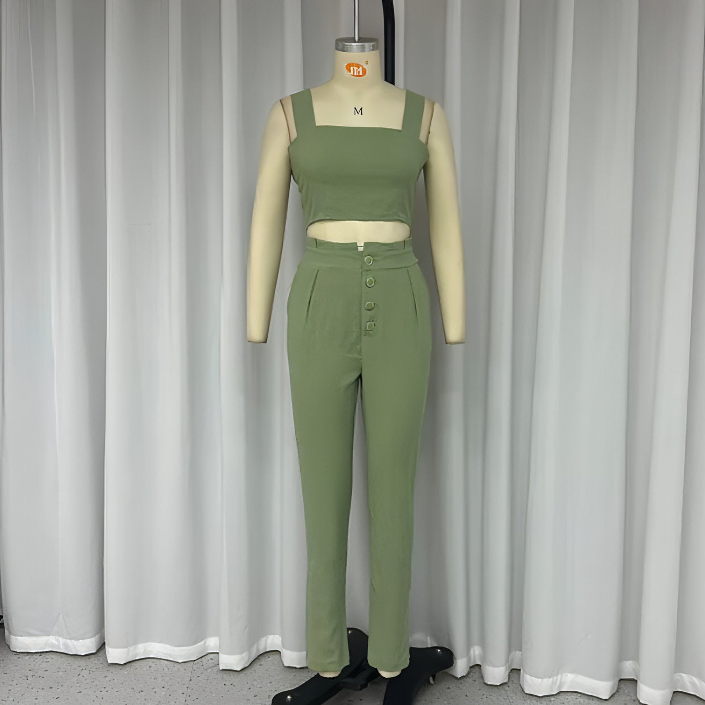 Short Crop-top Spaghetti-strap Top High Waist Trousers Two-piece Set