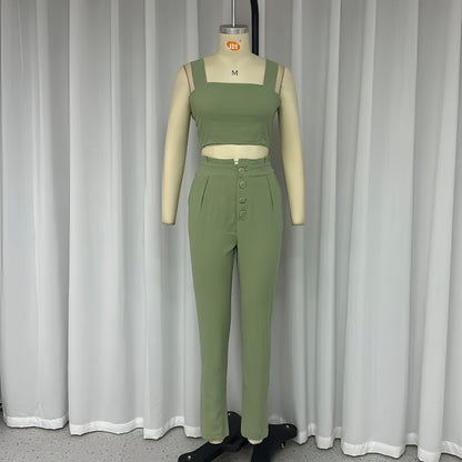 Short Crop-top Spaghetti-strap Top High Waist Trousers Two-piece Set