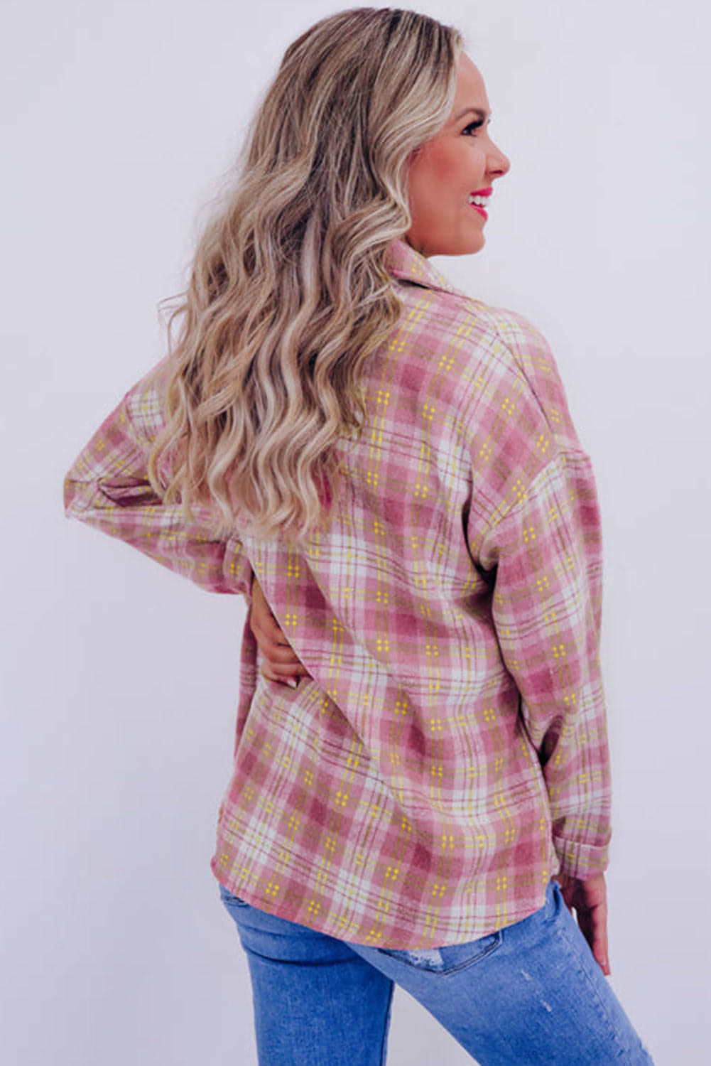 Roze plaid print borstzak met lange mouwen