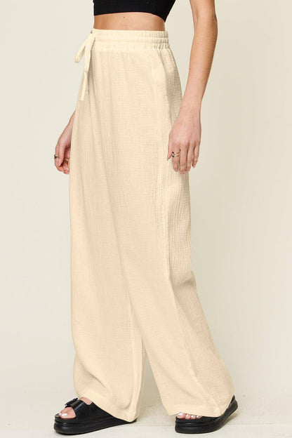 Double Take Full Size Texture Drawstring Wide Leg Pants