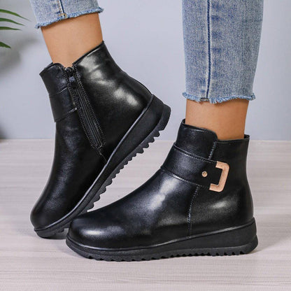 Winter Fleece Boots With Side Zipper Design Fashion Simple Non-slip Ankle Boots For Women Warm Pu Leather Shoes