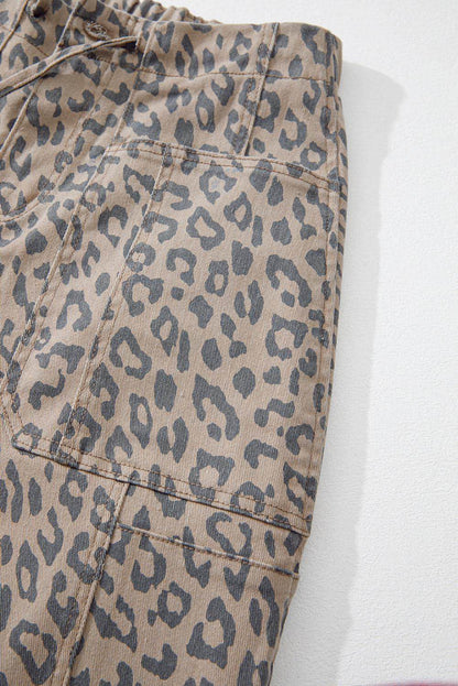 Khaki Leopard Printed Drawstring Waist Pocketed Wide Leg Jeans