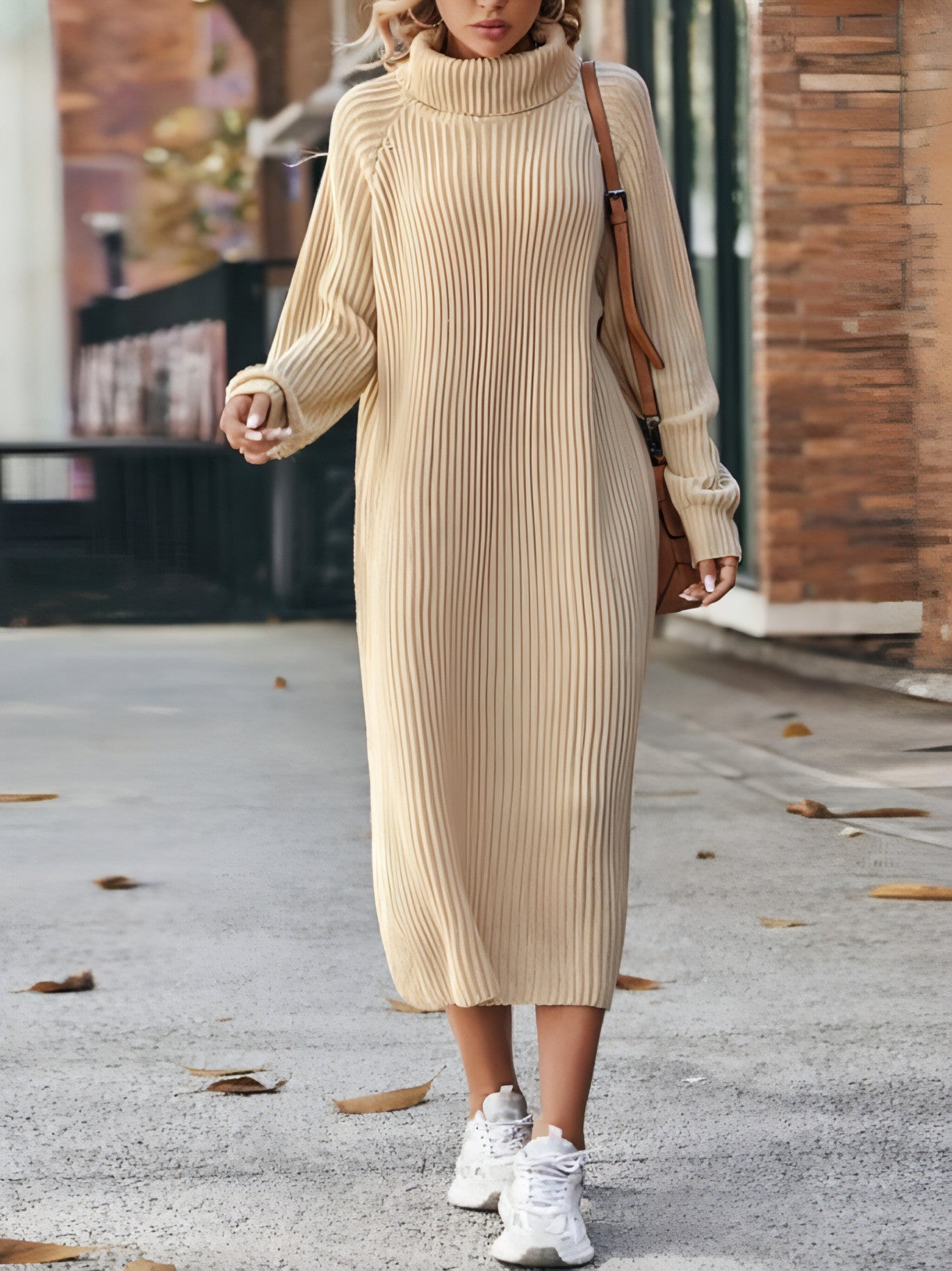 Long Below The Knee Loose High Collar Knitted Dress Sweater