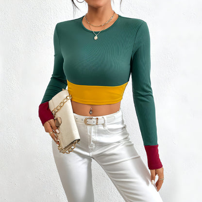 Slim Fit O-neck Short Stitching Long Sleeve T-shirt Women