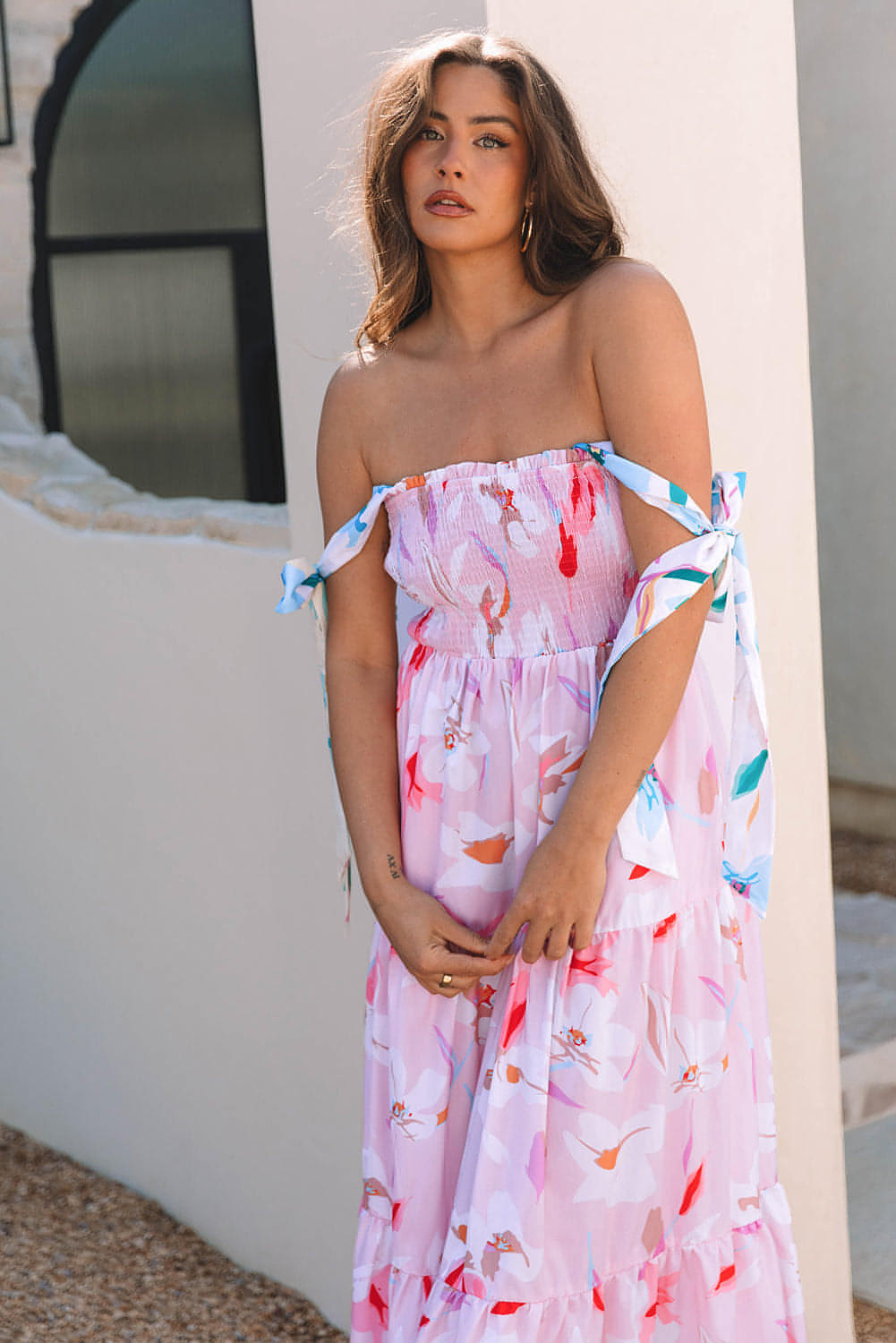 Rosa Floral Print Knotted Shoulder Smocked Maxi Dress