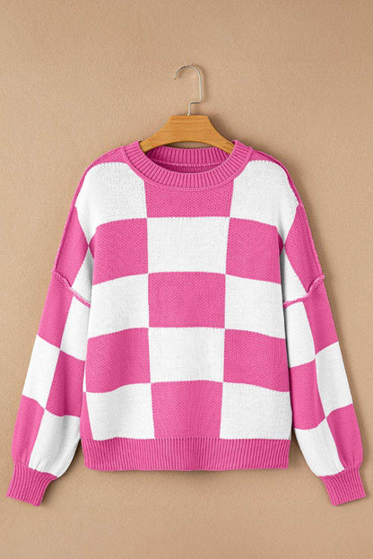 Rose Checkered Bishop Sleeve Sweater