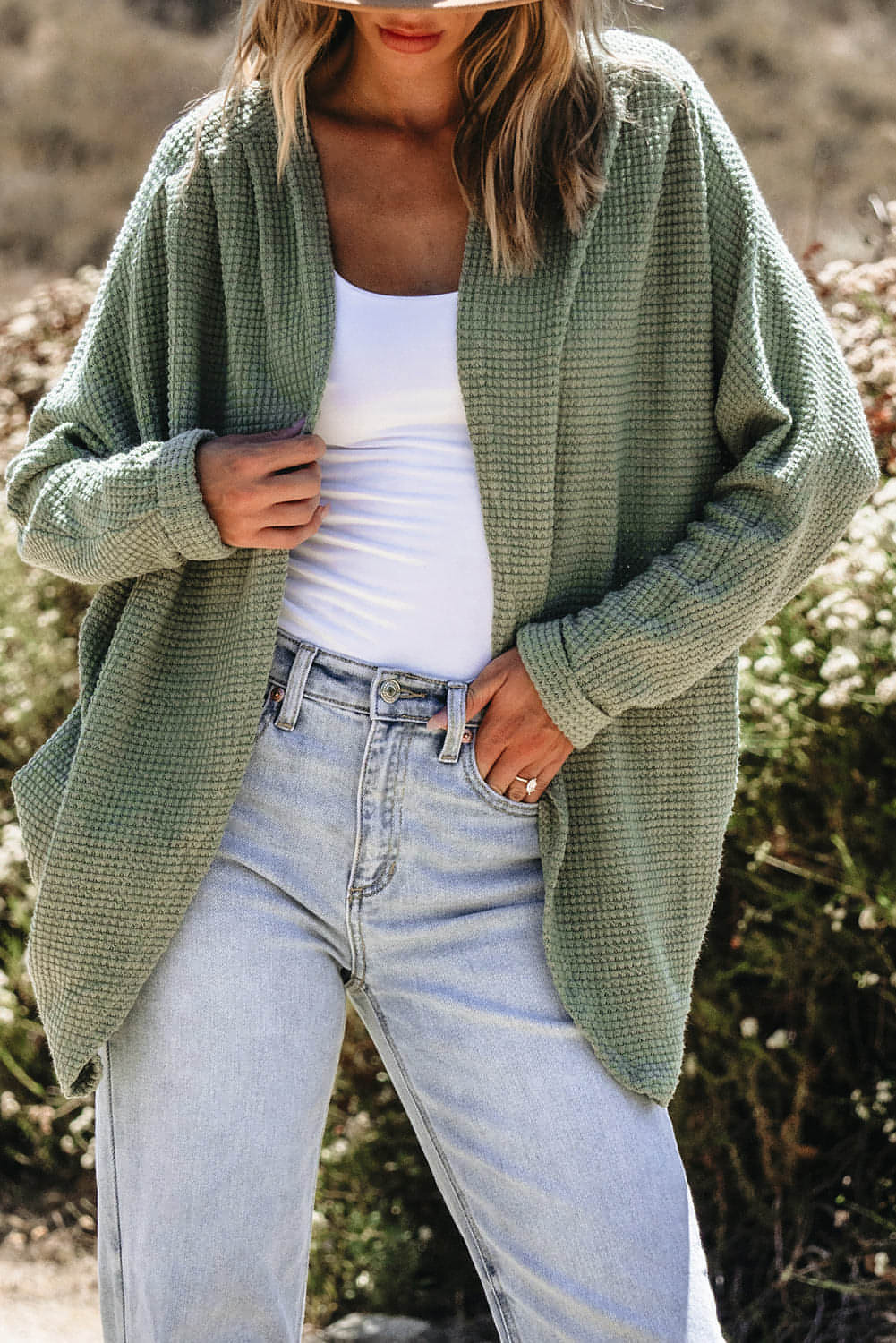 Laurel Green Waffle Like Open Front Cardigan