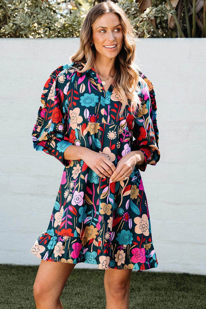 Green Floral Print Puff Sleeve Ruffled Mini Dress