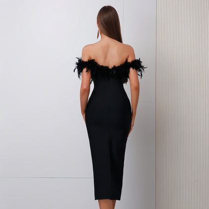 Off-neck Feather Women's Dress