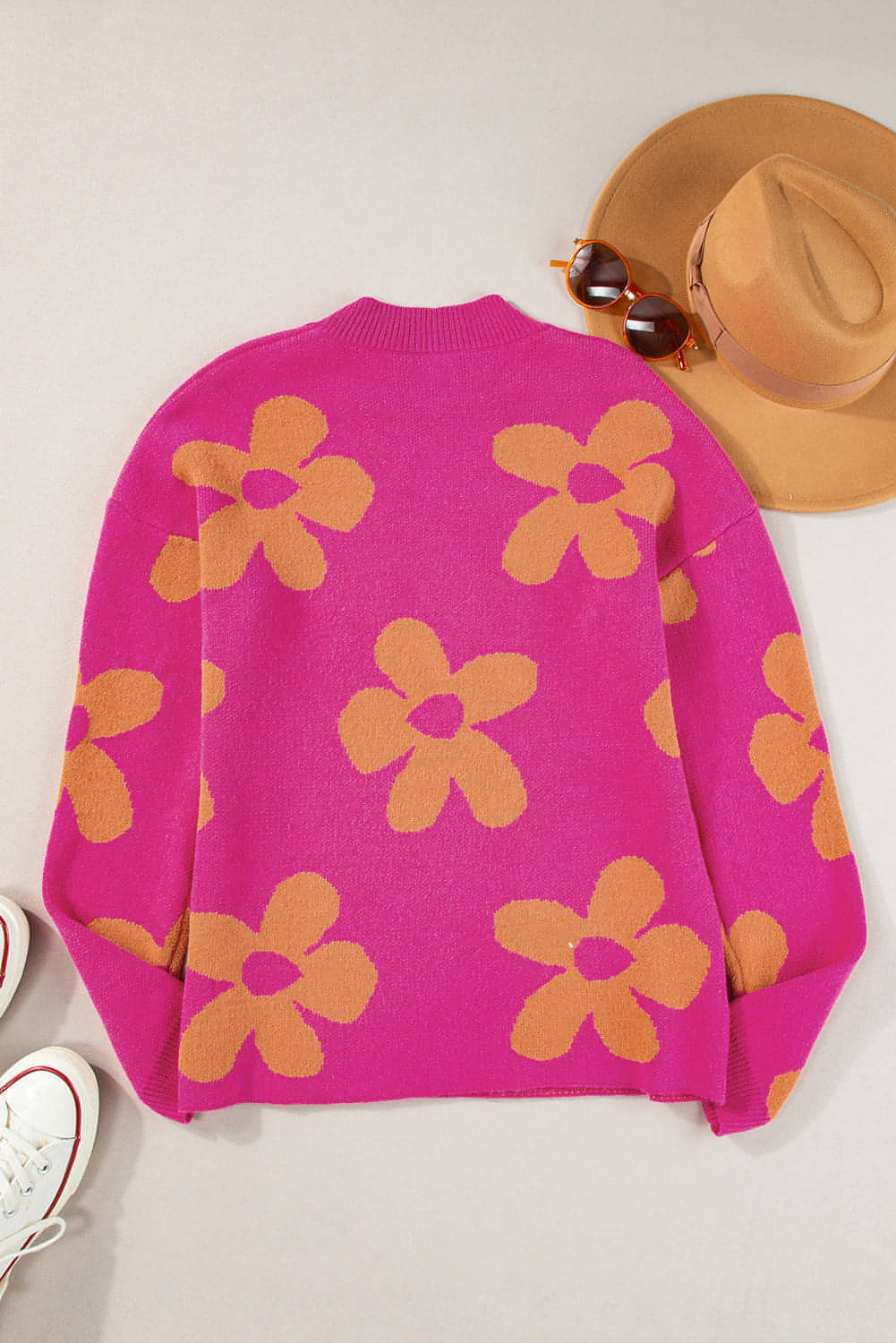 Rose Big Flower Pattern Mock Neck Manum Sleeve Sweater