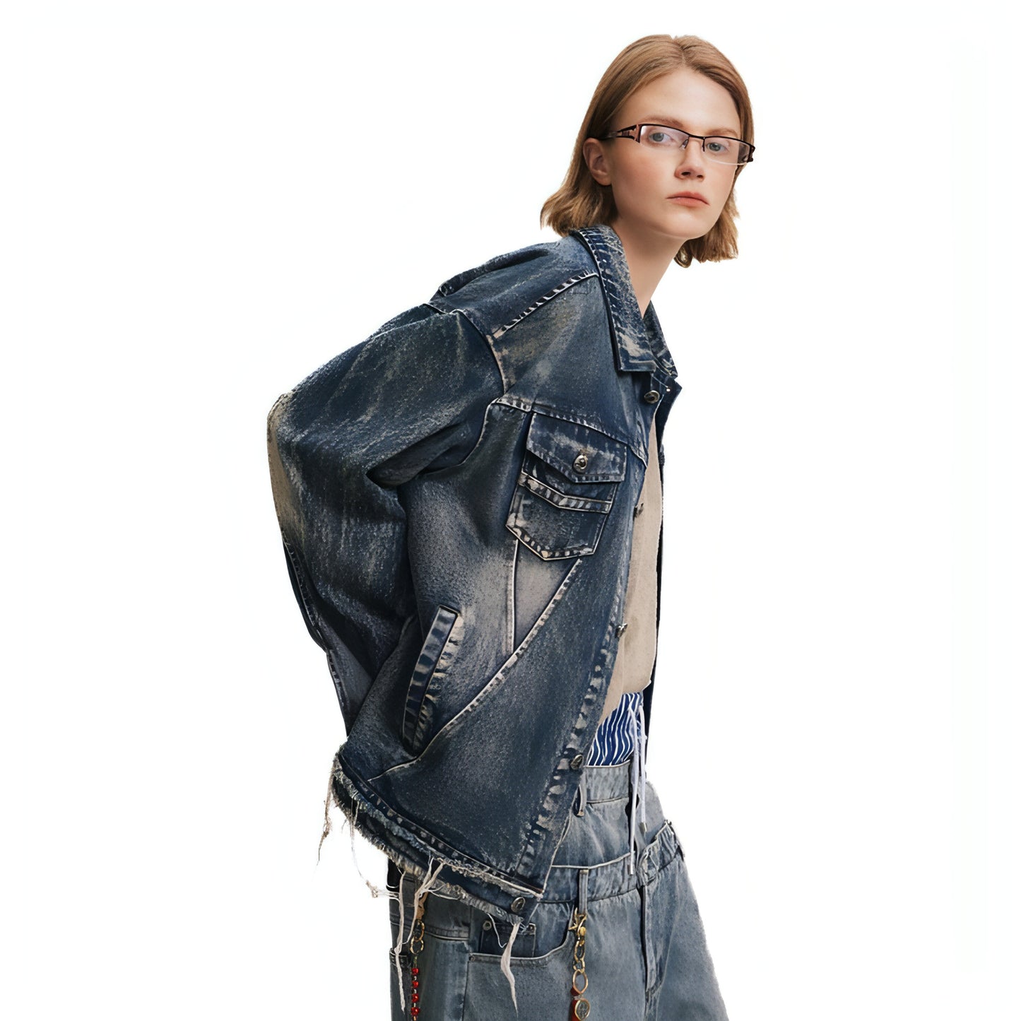 Denim Cargo Pants Jacket Men And Women Heavy Industry Washed And Worn