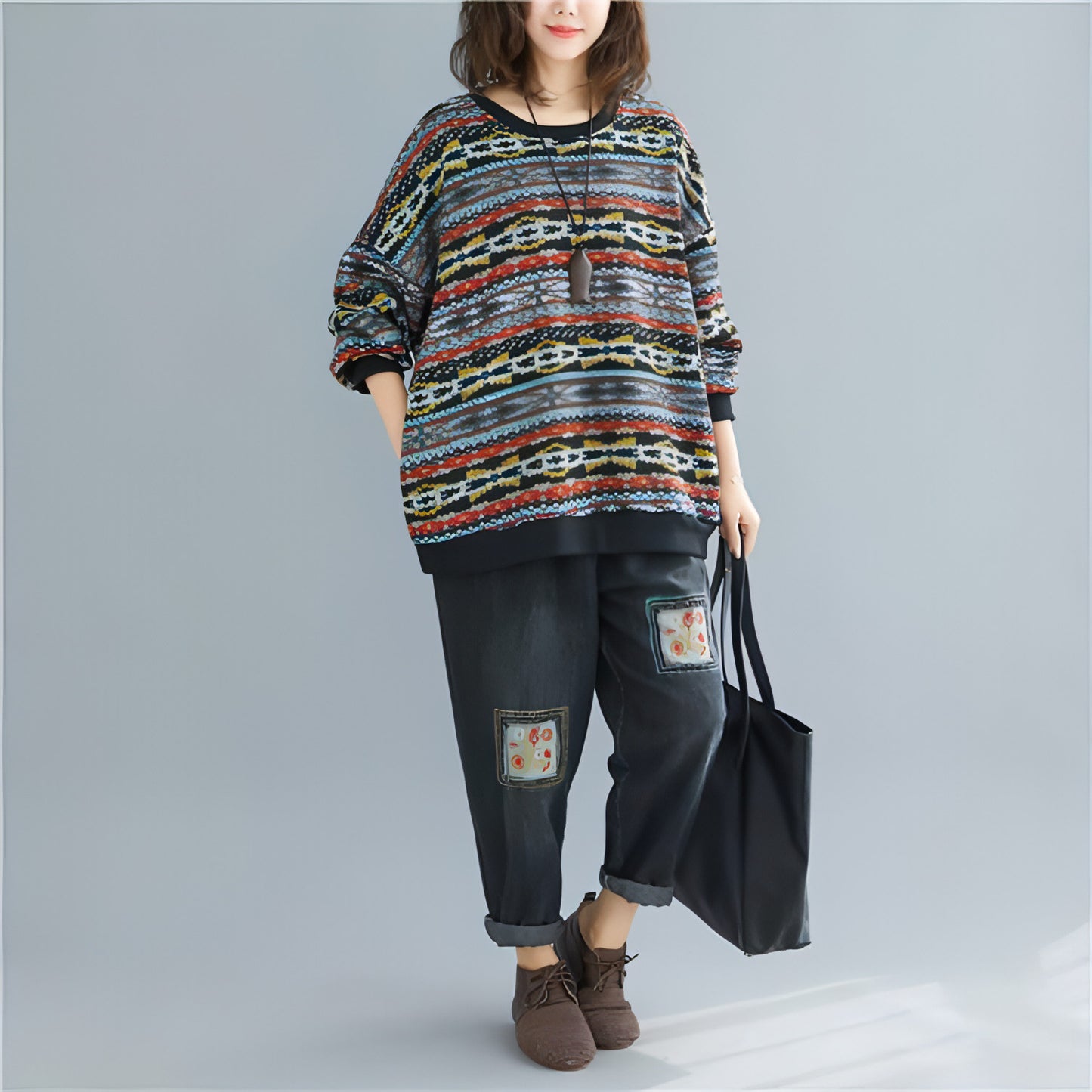 Women's Loose Plush Artistic Warm Striped Round Neck Pullover Knitted Sweater