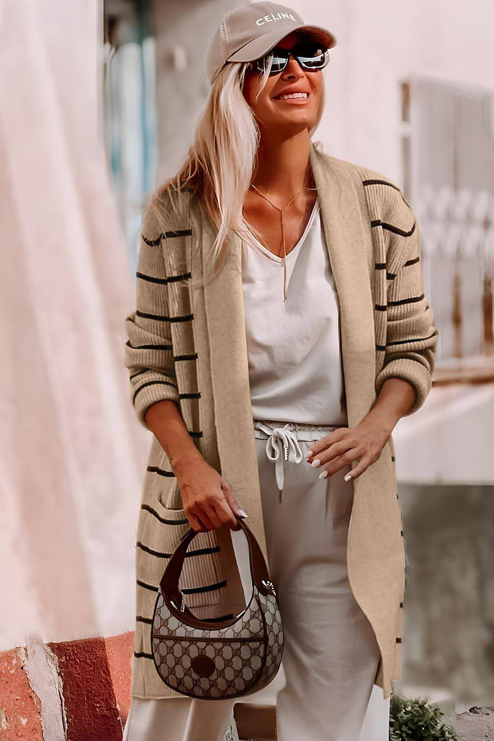 Cardigan aperto con scollo a scialle a righe nere e tasche