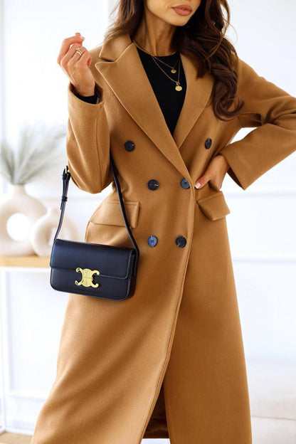 Women's Fashion Simple Double Breasted Long Sleeve Lapel Button Woolen Coat