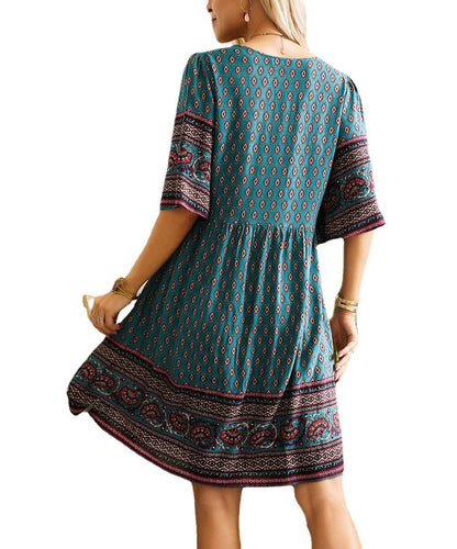 Summer Casual V-neck Printed Floral Holiday Bohemian Beach Dress