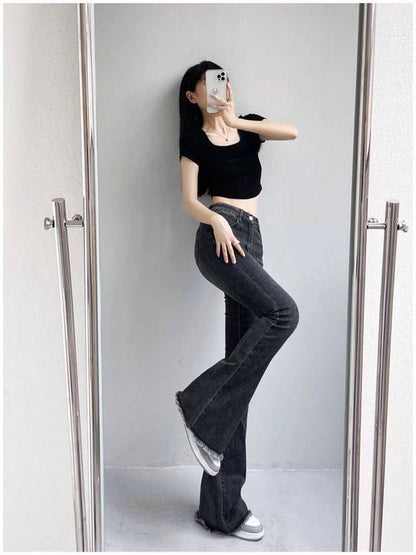 Small High Waist Raw Hem Jeans Retro Women