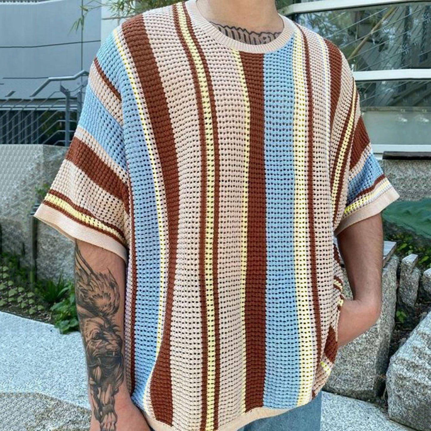 Round Neck Short Sleeve Thin Knitted T-shirt Men