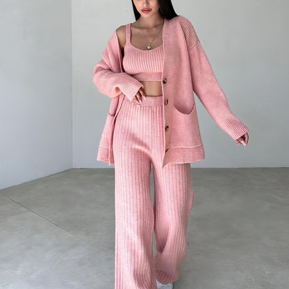 Sweater Button Cardigan Vest Pants Three-piece Set