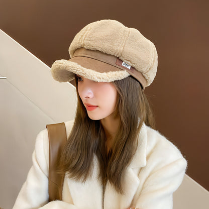 Faux Cashmere Fashion Leather Tag Octagonal Winter Warm Peaked Cap Hat