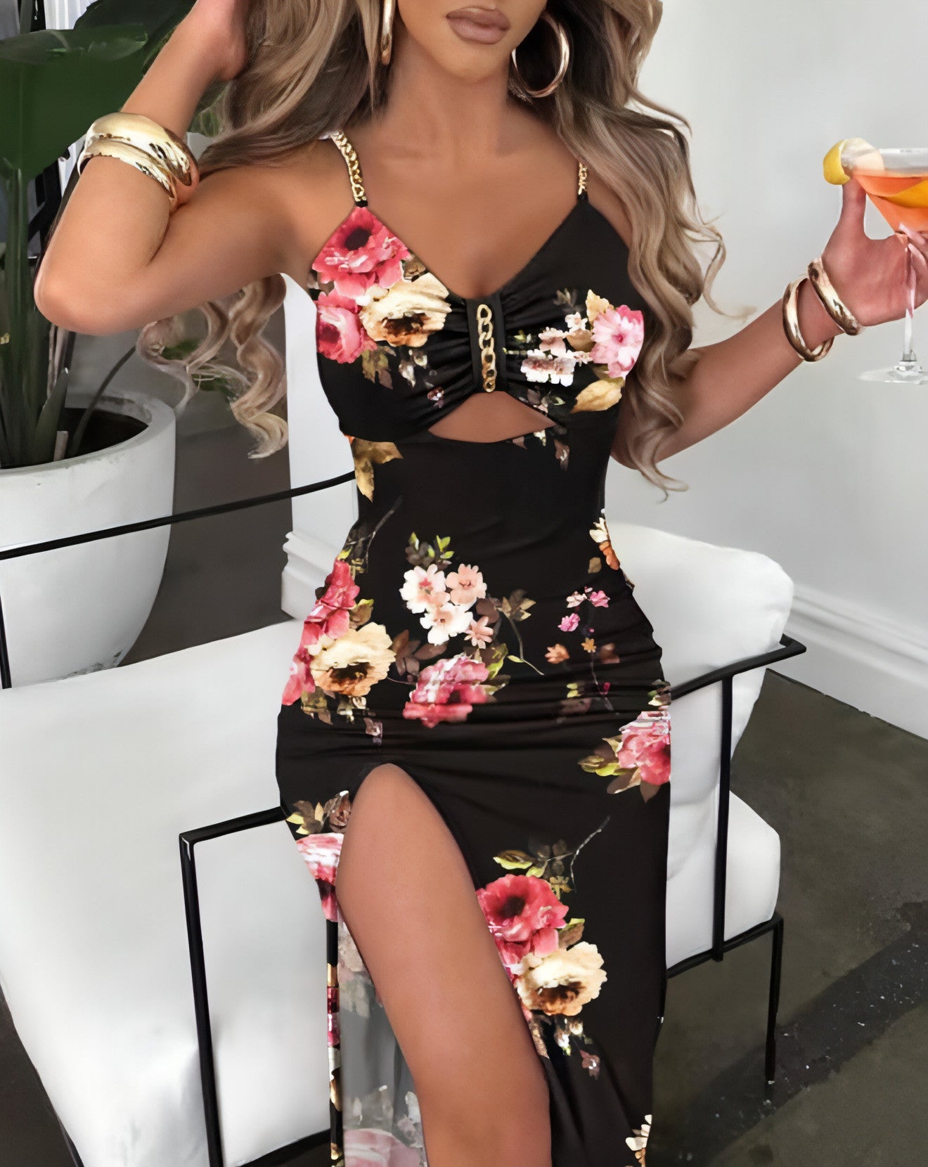 Women's Clothing Split Spaghetti-strap Floral Print Dress