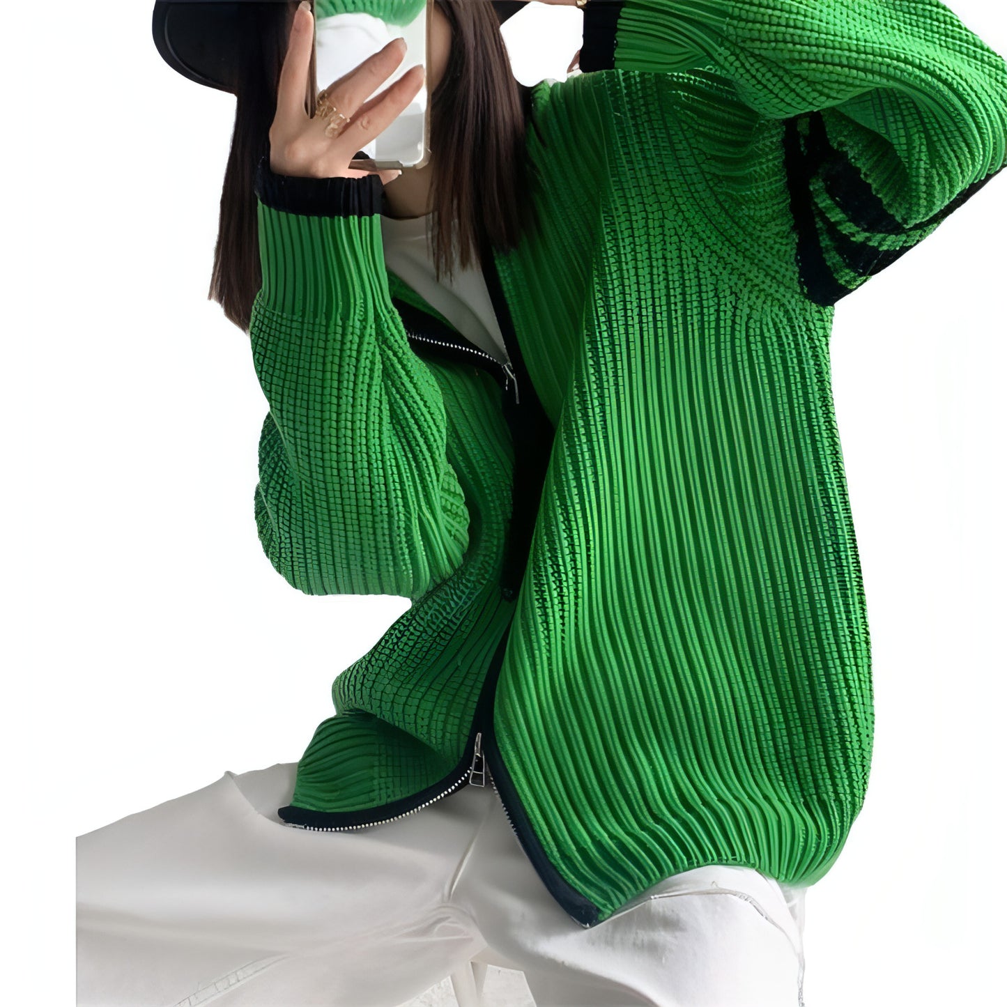 Contrast Color Striped Stitching Zipped Stand Collar Sweater Coat Women