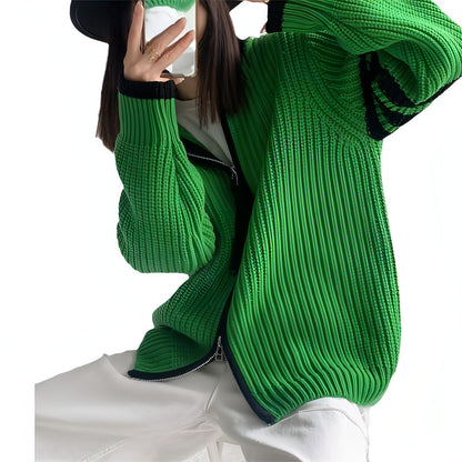 Contrast Color Striped Stitching Zipped Stand Collar Sweater Coat Women