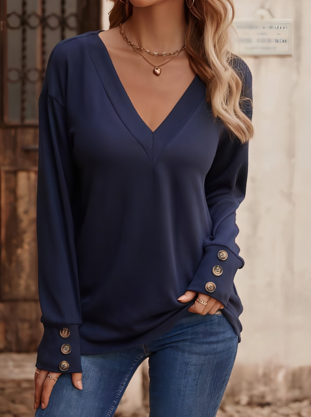 V-neck Loose Long Sleeve T-shirt Button Women