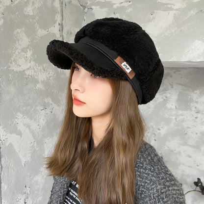 Faux Cashmere Fashion Leather Tag Octagonal Winter Warm Peaked Cap Hat