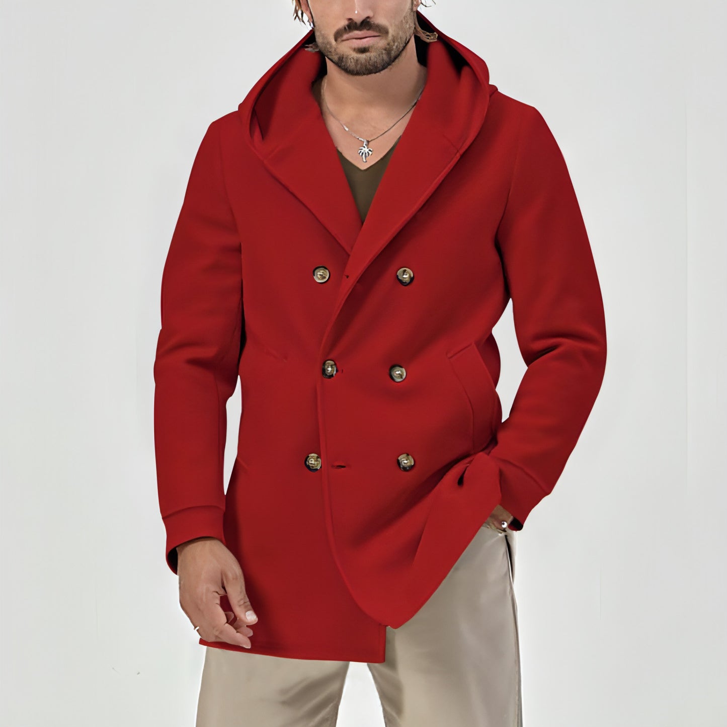 A1. Hooded Double-breasted Casual Mid-length Trench Coat