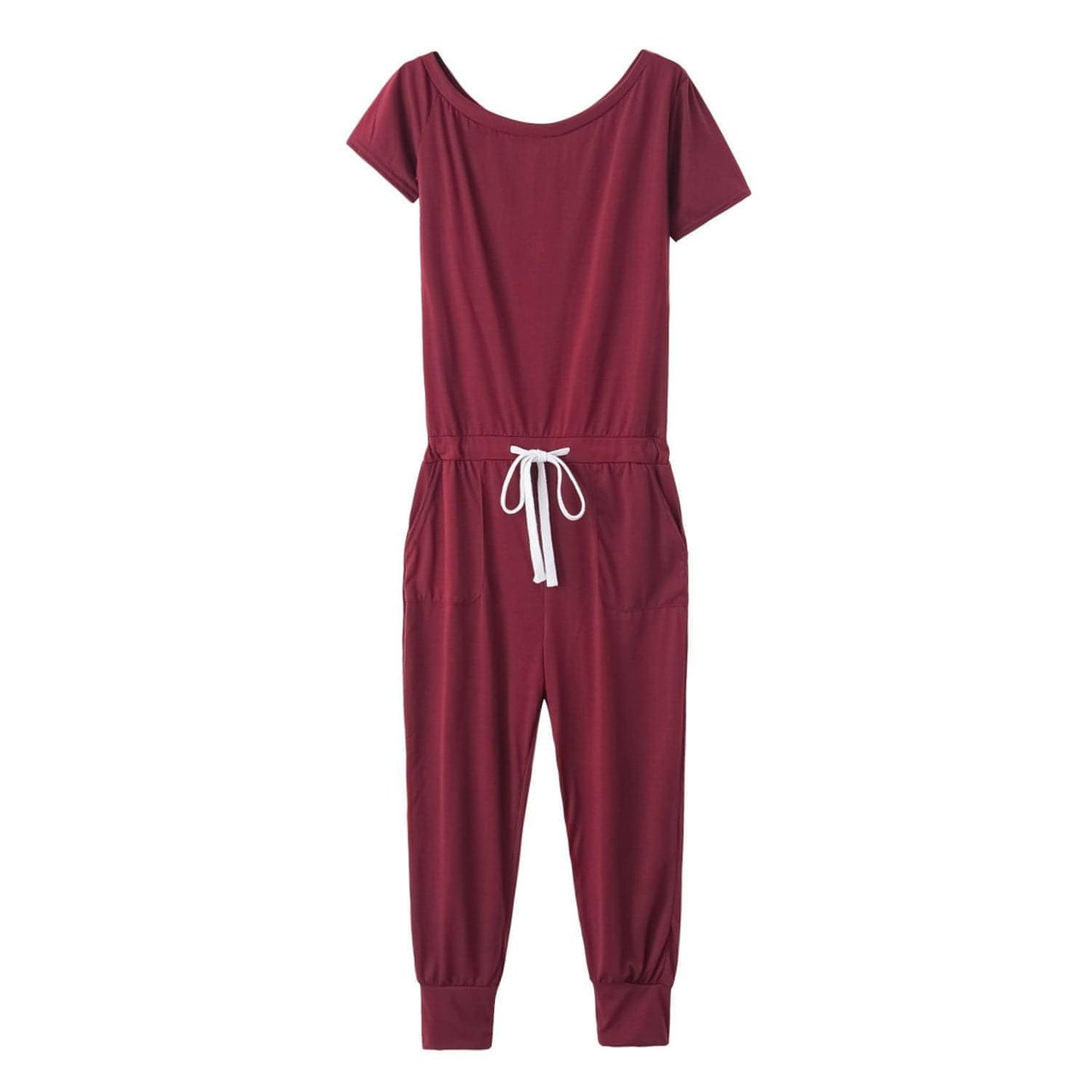 Schulterfreier Jumpsuit mit kurzen Ärmeln, Taschen und Schnürung an der Schulter für Damen