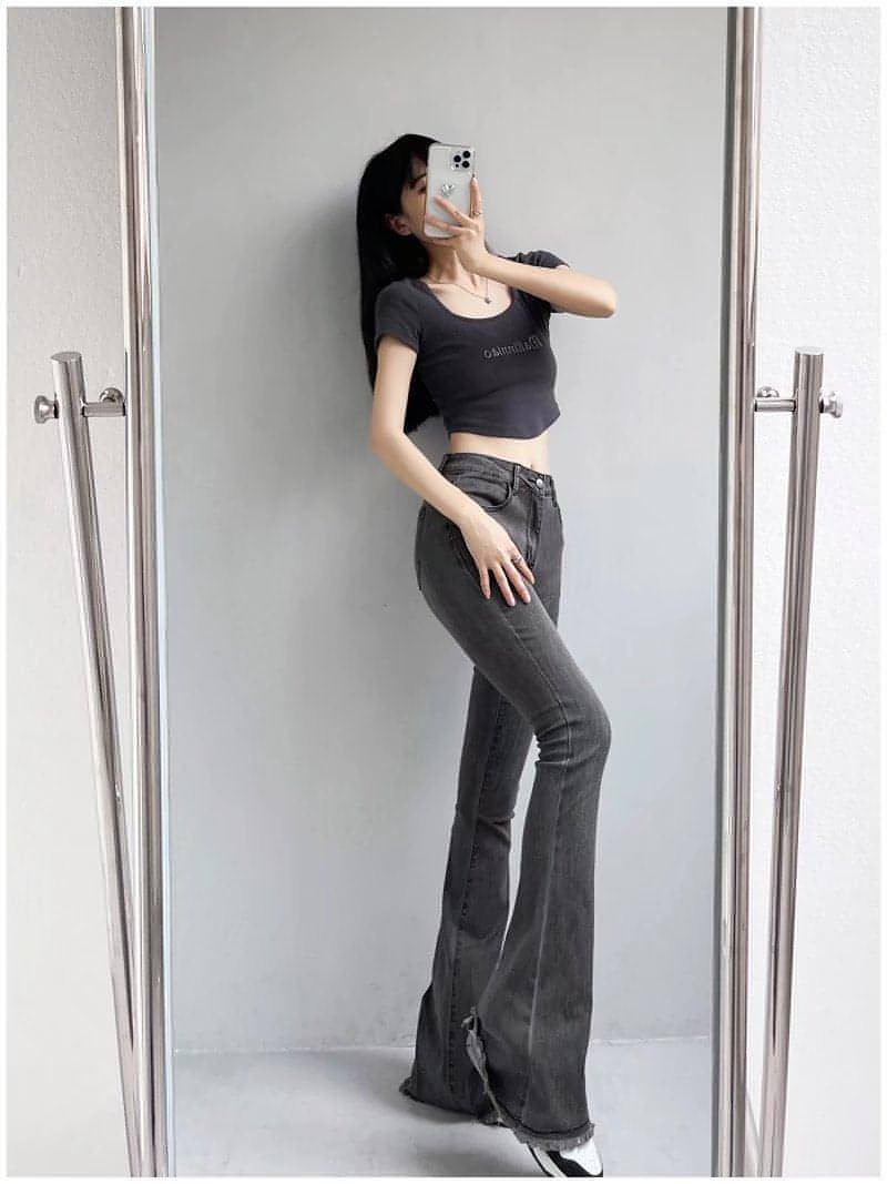 Small High Waist Raw Hem Jeans Retro Women