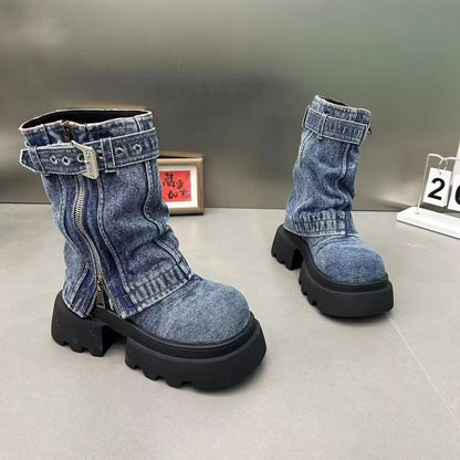 Boots Denim Fake Two Pieces Pile Style Boots Motorcycle Boots