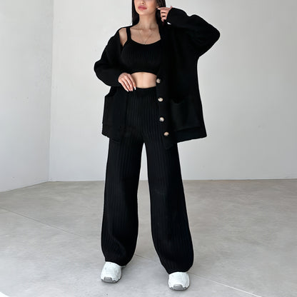 Sweater Button Cardigan Vest Pants Three-piece Set