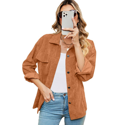 Button Corduroy Long Sleeve Baggy Coat Women's Clothing