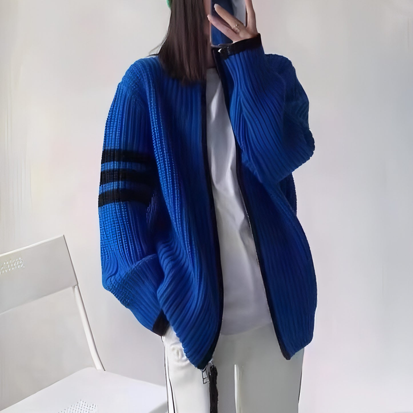 Contrast Color Striped Stitching Zipped Stand Collar Sweater Coat Women