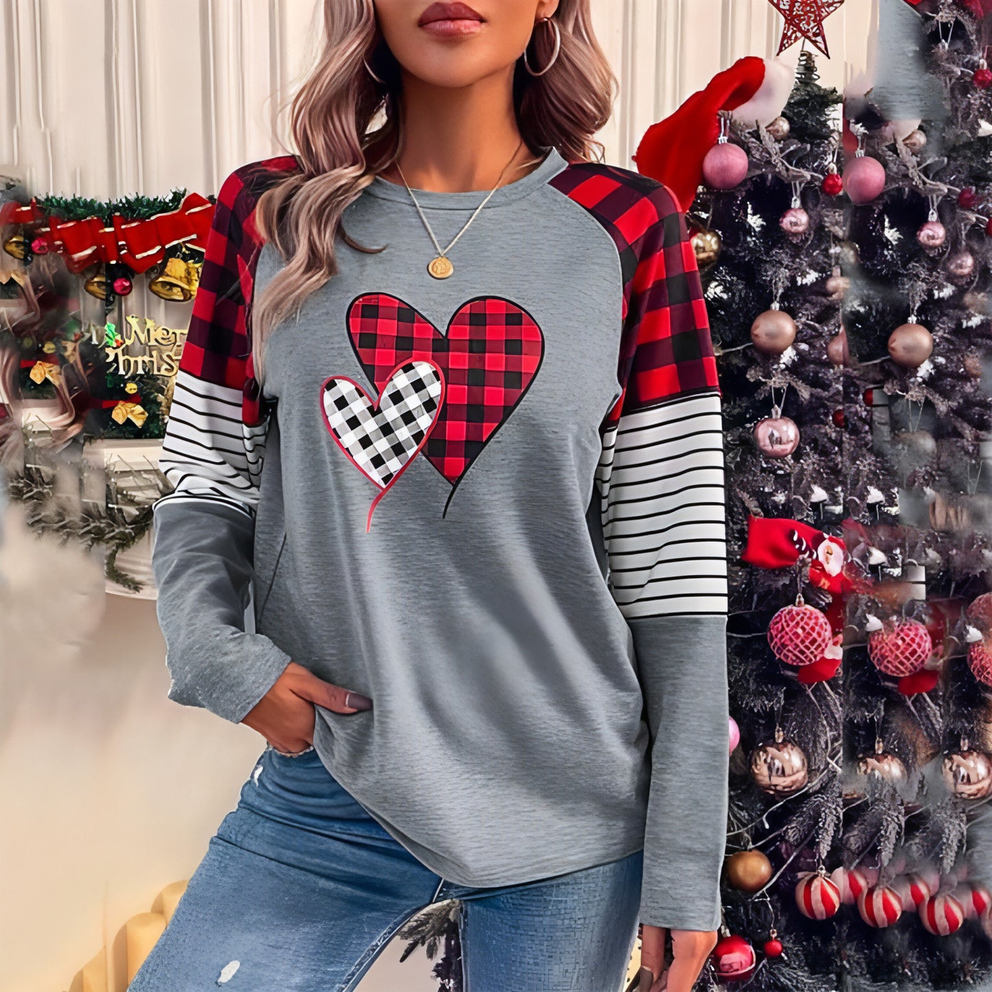 Women's Round Neck Long-sleeved Sweater Women's Plaid