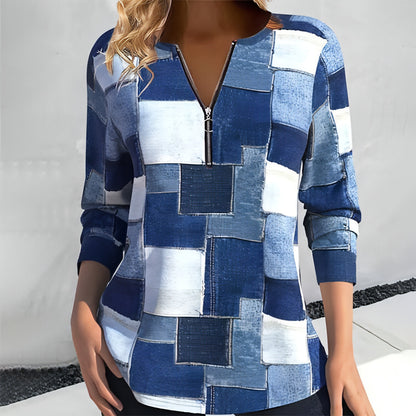 Women's Zipper Long Sleeve Geometric Top T-Shirt