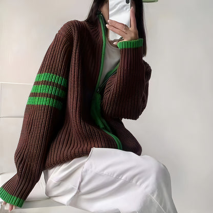 Contrast Color Striped Stitching Zipped Stand Collar Sweater Coat Women