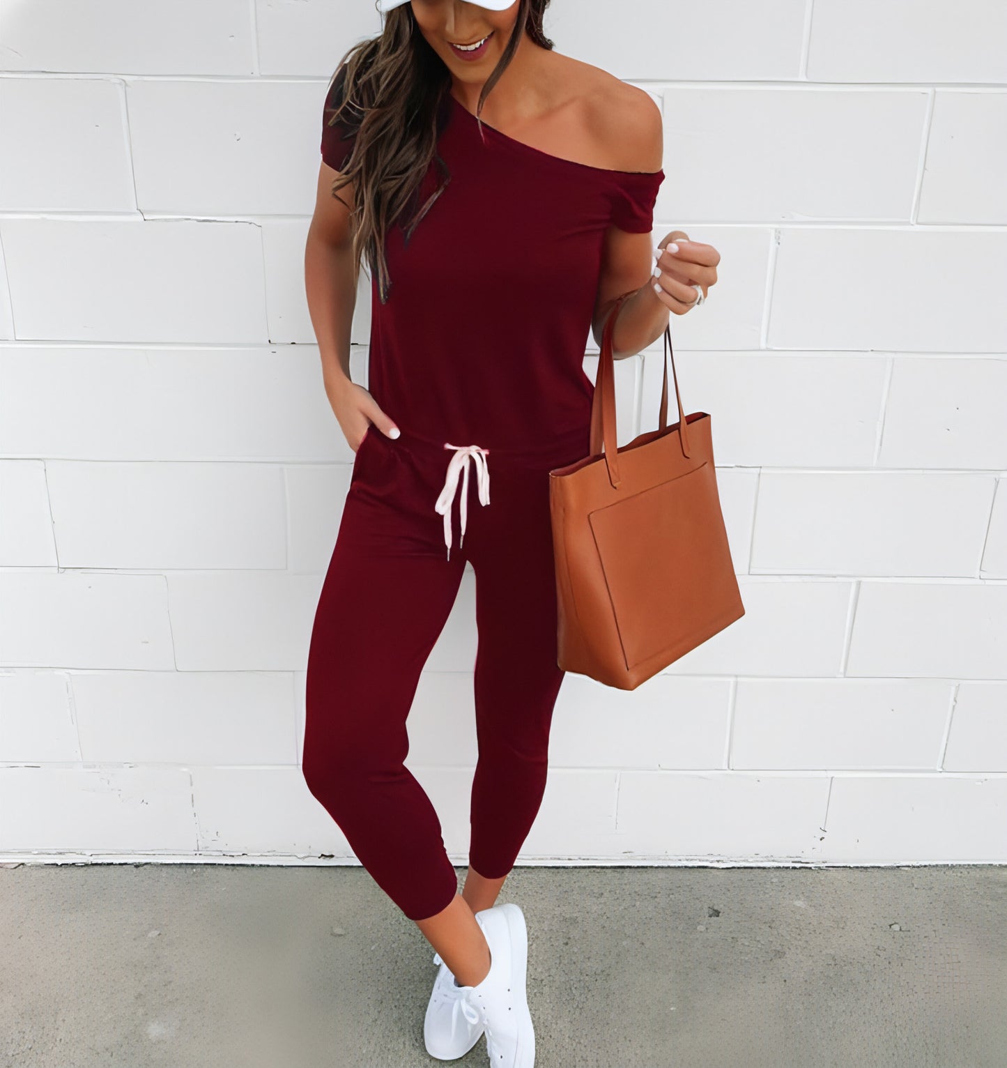 Women's Off-the-shoulder Short-sleeved Pocket Lace-up Shoulder Jumpsuit